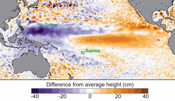 Extreme low sea levels occurred during August in parts of the western Pacific associated with the ongoing strong El Niño. Data from AVISO satellite measurements. (Credit: Widlansky, et al., 2015)