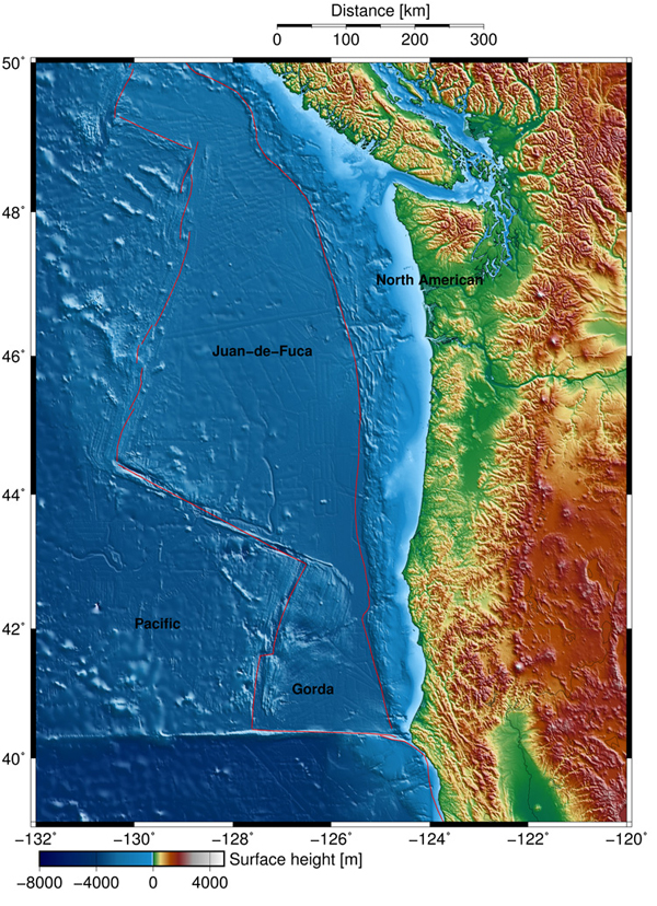 The red line outlines the Juan de Fuca plate that is moving eastward, shoved under the continental North American plate and generating megathrust earthquakes. (Credit: University of California, Berkeley)