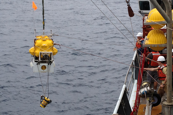 An ocean bottom seismometer being retrieved after spending 10 months on the floor of the Pacific Ocean to map the mantle 100 miles underneath the Juan de Fuca plate. (Credit: University of California, Berkeley)
