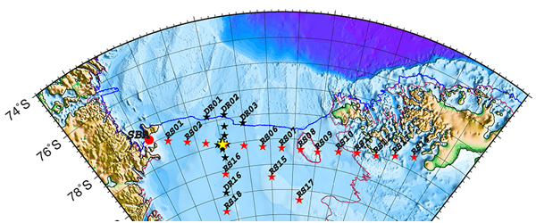 A map of the Ross Ice Shelf seismic array. (Credit: Scripps Institution of Oceanography)