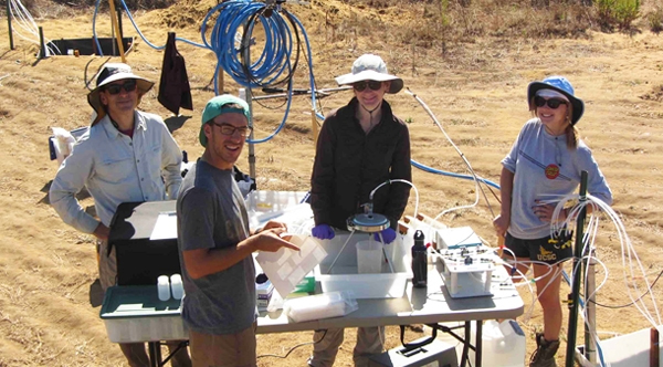 Hydrogeology students at University of California, Santa Cruz, collect fluid samples during an investigation at a managed aquifer recharge site. (Credit: Andrew Fisher / University of California, Santa Cruz)