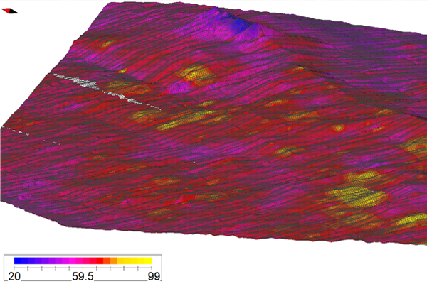 A 3D image of Duck Reef, overlaid with bottom hardness. Color indicates the softest substrate while yellow indicates hardest substrate. Hardness is a relative measure, the ratio of backscattered acoustic signal to transmitted acoustic signal. (Credit: Michigan Department of Natural Resources)