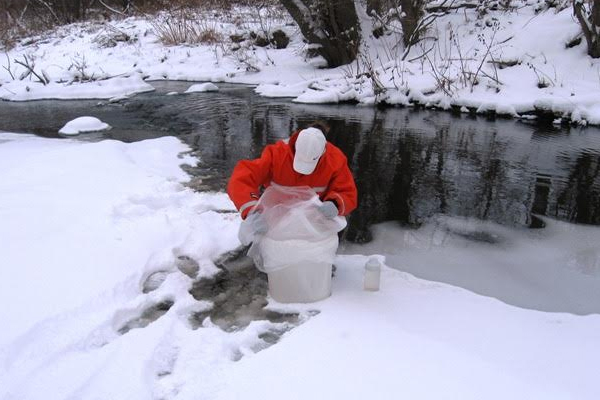 Stephanie Janosy collects a water sample in a churn in an ice-covered stream. (Credit: Donna Runkle)