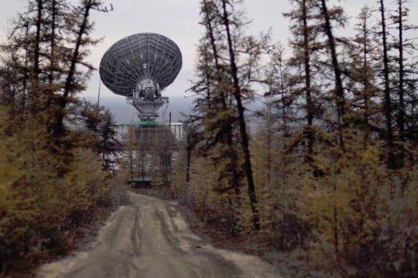 Dish on road to Northeast Sciences Station, Siberia. (Credit: Aron Stubbins)