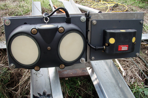 An acoustic Doppler velocity meter mounted on a track for instream deployment. The U.S. Geological Survey deployed devices similar to this at three monitoring sites on northern Idaho's Kootenai River to estimate sediment concentrations in the spawning habitat of endangered Kootenai River white sturgeon. (Credit: U.S. Geological Survey)