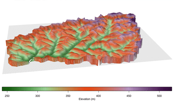 Still frame of an animation showing an elevation map of West Virginia’s Mud River watershed before and after mountaintop mining became widespread. (Credit: Matthew Ross / Duke University)