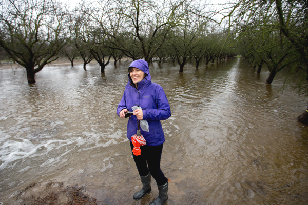 Helen Dahlke stands in a deliberately flooded almond orchard outside Modesto, California. (Credit: Joe Proudman / University of California, Davis)