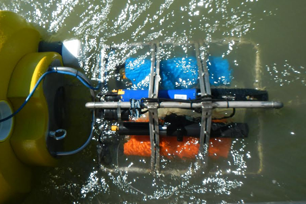 Sensor package, including a YSI EXO water quality sonde, mounted to the buoy’s instrument cage. (Credit: Scott Nagel / U.S. Geological Survey California Water Science Center)