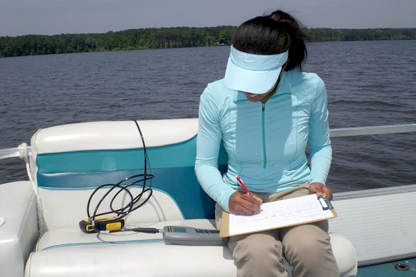 Lauren Lowman measures temperature, conductivity and salinity with a conductivity/temperature meter at Jordan Lake (near Durham, North Carolina). (Credit: Lauren Lowman)