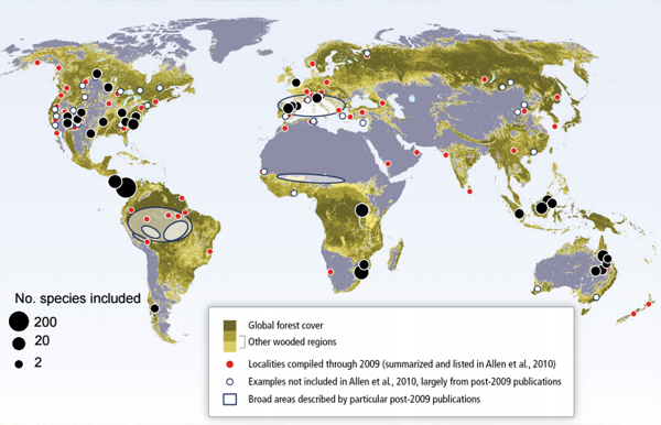 Drought- and heat-induced regional tree mortality events around the world. Black dots indicate the cross-species mortality rates examined with dot size proportional to the number of species reported (n=475 unique species). Red dots indicate pre-2009 mortality studies synthesized in Allen et al. 2010; white dots are the updated studies through 2014; and polygons are broad regions described by post-2010 studies. (Credit: William Anderegg)