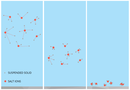 Salt ions can cause suspended sediment to aggregate and sink to the seafloor. 