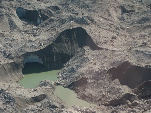 Glacial silt comes glaciers scraping over erodible materials. This silt is then carried away by wind and rivers. (Photo Ruth Glacier Base, Photo Credit: Richard Muller, Berkley Dept of Physics)