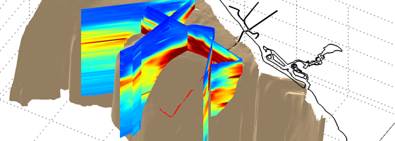 A 3-D curtain plot of chlorophyll fluorescence data captured by an autonomous underwater vehicle near the sewage outfall study site (Credit: University of Southern California/Burt Jones Group)