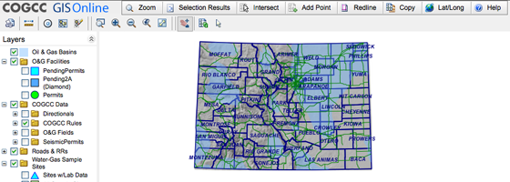 A screen capture of the Colorado Oil and Gas Conservation Commission's GIS water quality database