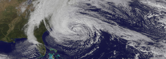 storm surge sensors Hurricane Sandy approaching the U.S. East Coast, as captured by the GOES-13 satellite (Credit: NASA Earth Observatory/Robert Simmon)