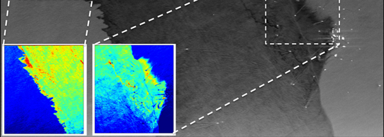 NASA UAVSAR image of the Deepwater Horizon oil spill. The oil appears much darker than the surrounding seawater. (Credit: NASA/JPL-Caltech)