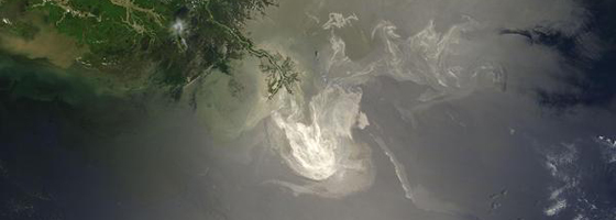 A satellite image of the Deepwater Horizon oil spill in the Gulf of Mexico (Credit: NASA)