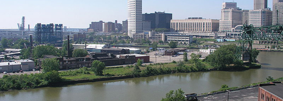 The Cuyahoga River and downtown Cleveland (Credit: DandZ, via Wikimedia Commons)