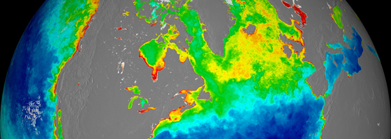 A season-long composite of ocean chlorophyll concentrations derived from visible radiometric measurements made by an instrument on Suomi NPP. (Credit: NASA/Suomi NPP/Norman Kuring)