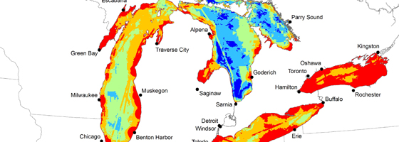 Maps indicate the areas of highest environmental stress in the Great Lakes Basin (Credit: Great Lakes Environmental and Assessment Mapping Project)