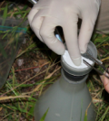 University of Idaho researchers pump a water sample into vacuum flask for environmental DNA analysis