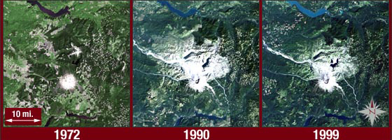 Landsat images of Mount St. Helens before and after its 1980 eruption (Credit: NASA)