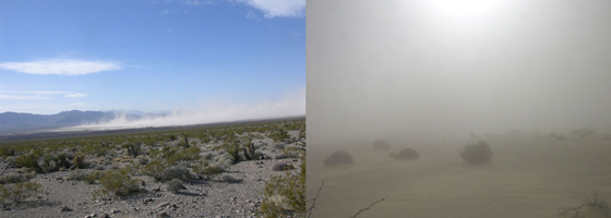 remote cameras / A dust storm in the Mojave Desert, captured simultaneously from two different perspectives using this automated imaging system (Credit: Rian Bogle/USGS)