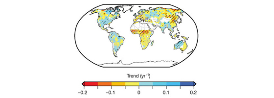 Red areas have experienced increasing levels of drought while blue areas have become less prone to dry conditions. Overall, there has been less of a trend toward drought globally than previously thought. (Credit: Justin Sheffield)