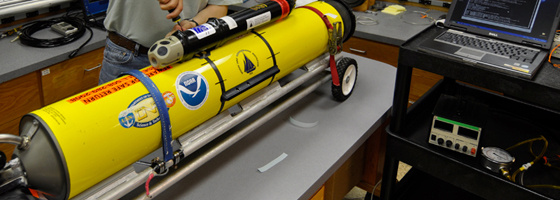 An ocean-going glider equipped with a digital acoustic monitoring instrument (Credit Nick Woods/Woods Hole Oceanographic Institution)