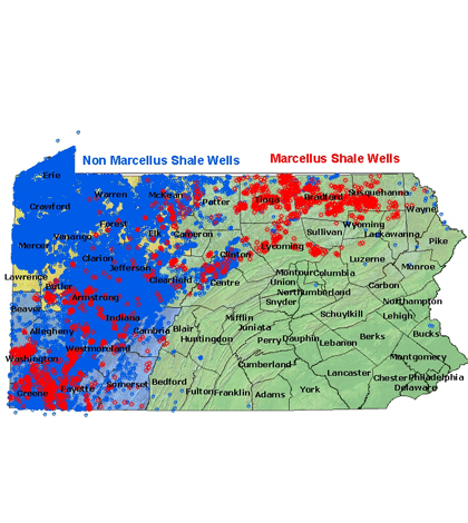 Pennsylvania map showing state shale wells (Credit: DEP)