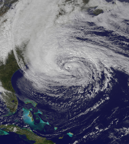 Superstorm Sandy after making landfall on the U.S. East Coast (Credit: NASA)
