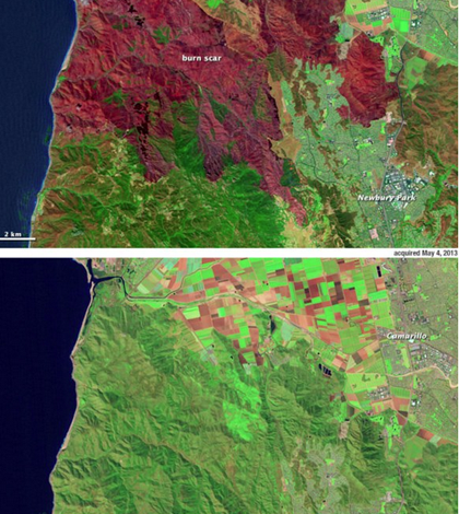 A before-and-after image series of a burn scar in southern California captured by Landsat 8 (Credit: USGS)