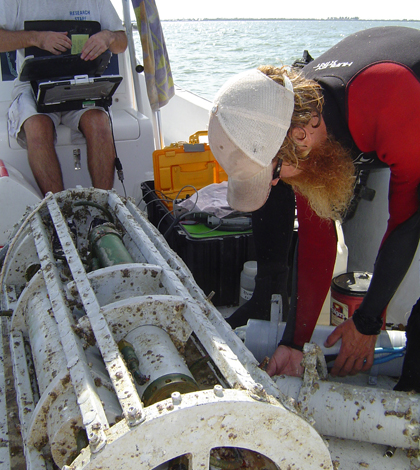 Scientists with the Sanibel-Captiva Conservation Foundation perform monthly service updates on a LOBO sensor package (Credit: SCCF)