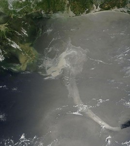 A satellite image of the Deepwater Horizon oil spill in the Gulf of Mexico (Credit: NASA)