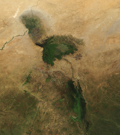 An image of the dwindling Lake Chad captured by the MODIS satellite in 2001 (Credit: NASA)