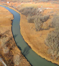 A segment of the East Branch Grand Calumet River near where dredging is underway to remove contaminated sediments. (Credit: SulTRAC)