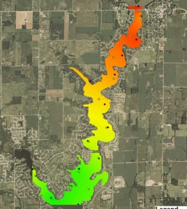 A map of chlorophyll distribution created from data collected on Morse Reservoir using boat-based sensors (Credit: Anthony Nguy-Robertson)