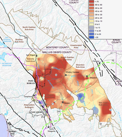 Map of groundwater depletion in San Luis Obispo County (Credit: San Luis Obispo County Water Resources)