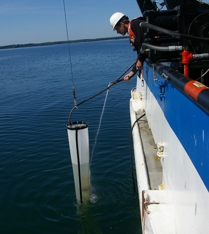 Researchers aboard the EPA's R/V Lake Guardian sample plankton as part of the Great Lakes Fish Monitoring and Surveillance Program (Credit: Michael Milligan)