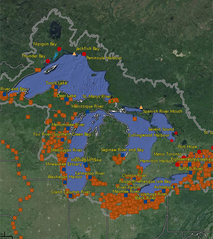 Great Lakes Areas of Concern and NOAA Query Manager sediment sampling stations (orange points) shown in Great Lakes ERMA. (Credit: NOAA)