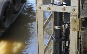 A Mississippi River nitrate sensor package at the Baton Rouge station. (Credit: USGS)