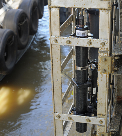 A Mississippi River nitrate sensor package at the Baton Rouge station. (Credit: USGS)