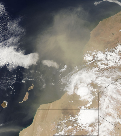 A plume of Saharan dust blows over the Atlantic Ocean from North Africa (Credit: NASA)