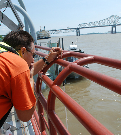 USGS crews at the Baton Rouge Mississippi River gauging station (Credit: USGS)
