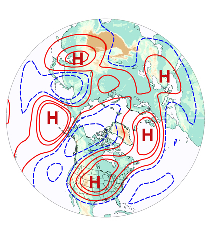 Map of air flow a few miles above ground level in the Northern Hemisphere showing the type of pattern associated with U.S. drought (Credit: Haiyan Teng)