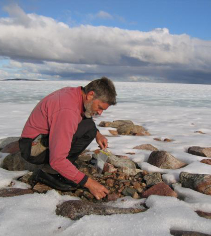 Gifford Miller collecting dead plant samples from beneath a Baffin Island ice cap. University of Colorado.
