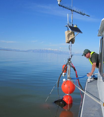 A USGS crew deploying the Lake Environmental Sensing Platform on the Great Salt Lake (Credit: USGS)