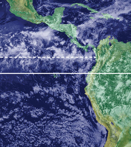 A satellite picture of clouds shows a narrow band of intense rainfall, known as the inter-tropical convergence zone, just north of the equator. (Credit: NASA)