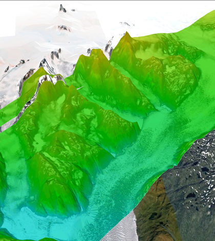 LVIS elevation and slope data over the Qajuuttap Glacier in Southern Greenland from a 2012 mission (Credit: NASA Goddard Space Flight Center)
