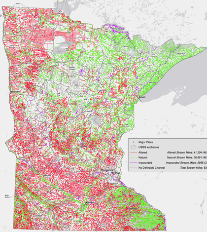 Map of Minnesota streams; altered channels in red (Credit: MPCA and MNGeo)